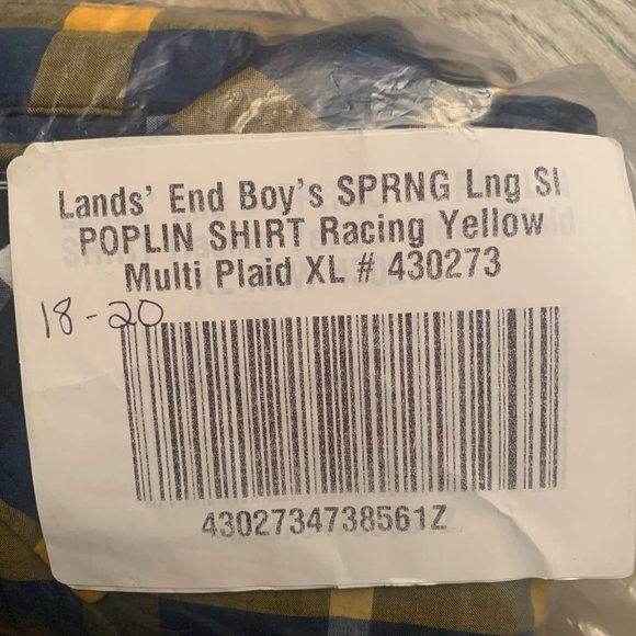 NWT LANDS' END BOYS SPRING LONG SLEEVE POPLIN SHIRT YELLOW/NAVY PLAID XL (18-20) - Picture 2 of 5